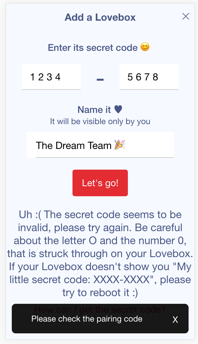 My secret code is incorrect Lovebox